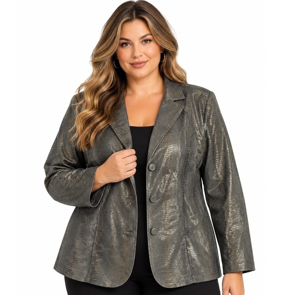 Erin London Metallic Snakeskin Blazer Women 2X Grey Gold 3 Button Plus Size New